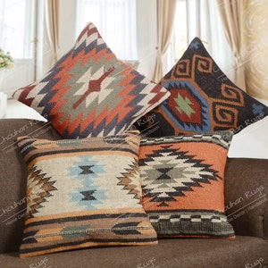 Indian Handmade 4 Sets of 45x45cm Wool Jute Cushion Covers, Kilim Pillow Covers, Decorative Sofa Cushion Covers Bohemian Jute Pillows