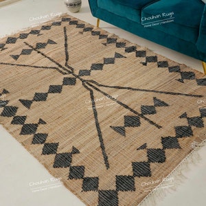 Natural Jute Fibre & Cotton Hand Woven Bohemian Moroccan Inspired Rug, Nordic Scandi Rug