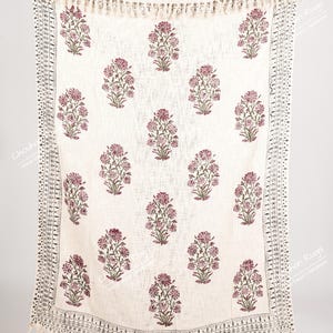 Indian Handmade Soft Cotton Throws Blankets, Hand Loom Hand Block Printed Bed Boho Cotton Fringed Blanket Beach Throw