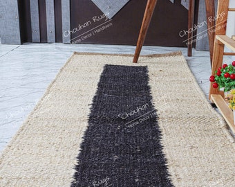 Custom Sizes Handmade Black and White Jute Rug Yoga mat throw carpet Hemp Jute Runner Rug hand loomed Decorative Rug Doormat Bed side Runner
