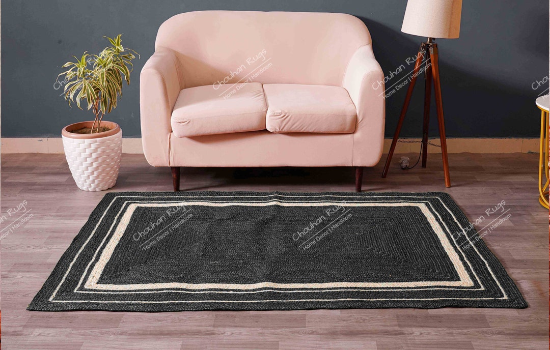 Custom Braided Rectangle Rug Custom Size Handmade Black Jute Braided Rectangle Rug With White Border ...