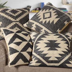 4 set yute Vintage Kilim almohada, decoración del hogar, almohada turca tejida a mano, almohada marroquí, almohada de tiro decorativa, cubierta de cojín Kilim, almohada de yute imagen 6