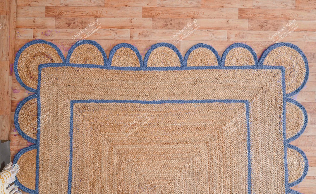 Bohemian Handmade Natural Jute Braided Rug With Light Blue Scallop ...