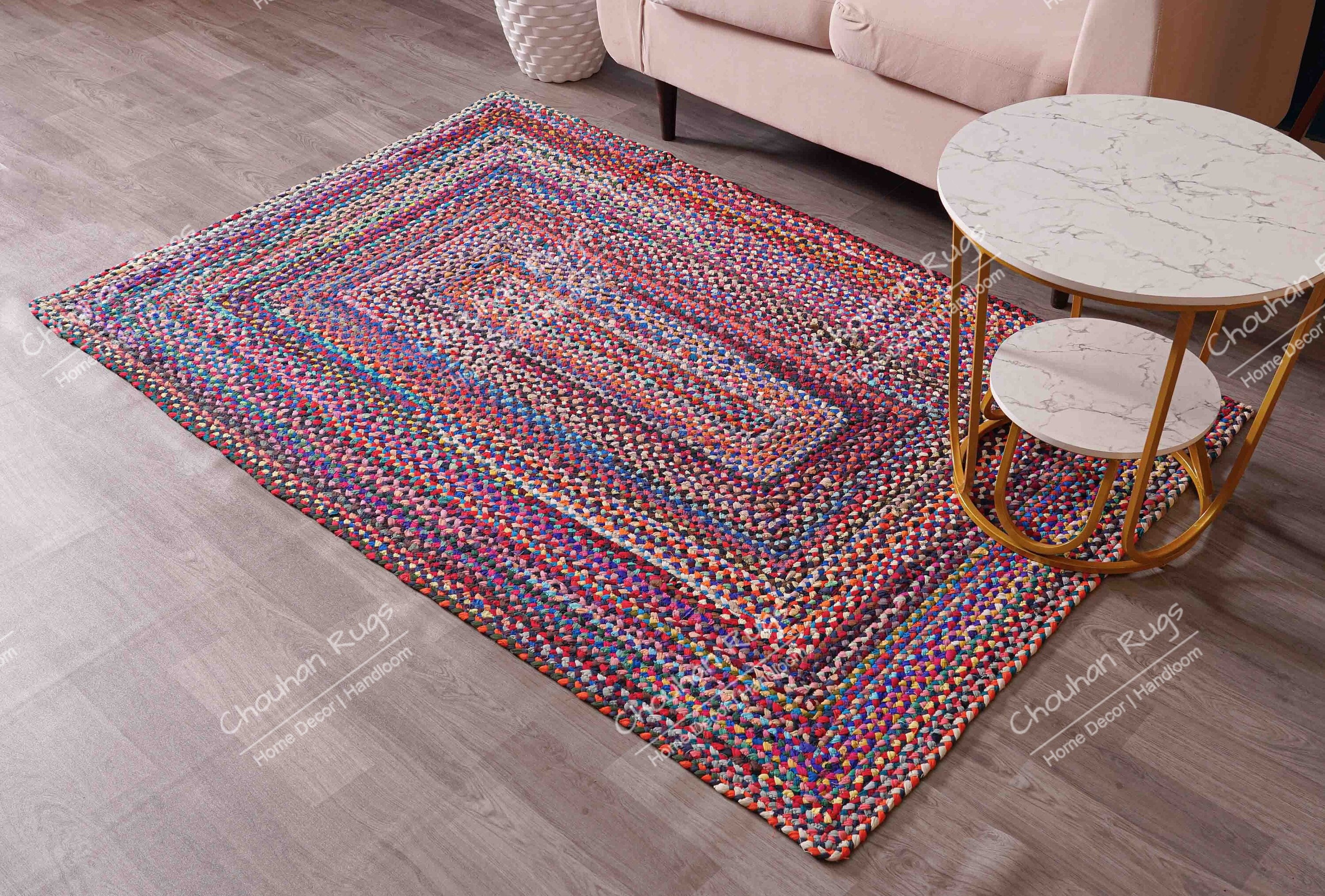 Braided Floor Rug Boho Jute Cotton Rug Handmade Rectangular Floor Mat