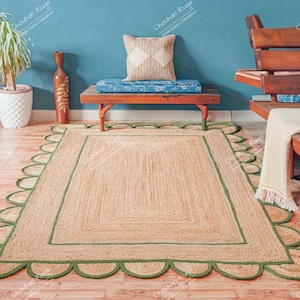 Scalloped Hand Braided Natural Jute Rug with Dark Green Border Handmade Jute Rug Jute Area Rug Custom Size Rug Decorative Rug Boho Decor Rug