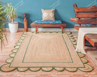 Scalloped Hand Braided Natural Jute Rug with Green Border, Handmade Jute Rug, Jute Area Rug, Custom Size Rug, Decorative Rug, Boho Decor Rug