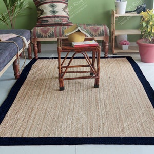 Indian Handmade Natural Jute Braided Bohemian Rectangle Doormat Rug with Navy Blue Border Yoga Mat Turkish Rug Living Room Rug Vintage Rug
