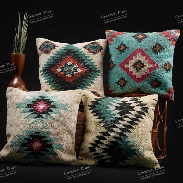 Indian Hand Woven Set of 4 Multicolor Wool Jute Vintage Kilim 45x45 cm Turkish Home Decor Bohemian Moroccan Decorative Throw Pillow Cover