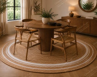 Handmade Round Jute Rug with White Border, Daining Tbel Decor Round Jute Rug, Boho Farmhouse Decor Circle Rug, Custom Size