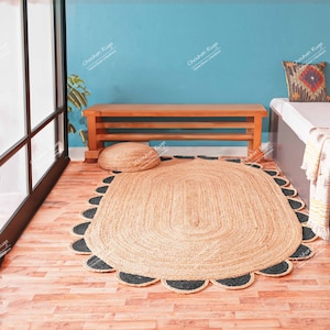 Black Scalloped Hand Braided Natural Jute Oval Rug, Custom Size Rug, Handmade Jute Rug, Living Room Decor, Bohemian Jute Rug, Large Area Rug