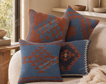 Handwoven Kilim Pillow Cover Set, Jute Wool Cushion, Rustic Home Decor, Vintage Sofa Decor Kilim Throw Wool Jute Cushion Covers