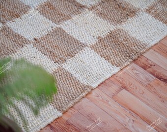 Naturalmente belo: Tapete artesanal de juta para sua casa, tapete de juta bege com detalhes em branco, tecido à mão, passadeira de juta para decoração de escadas.