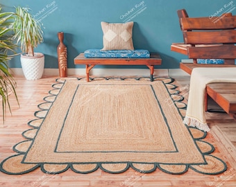 Naturalny pleciony dywan z juty z falbanką i ciemnoszarą falbanką, dywan w stylu boho, naturalny dywan z juty, dywan w stylu boho