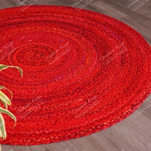 Modern Minimalist Hand Braided Colorful Cotton Chindi Area Rug for Vibrant Home Decor, Red Chindi Rug Boho Chic Rag Rug Gift for Her