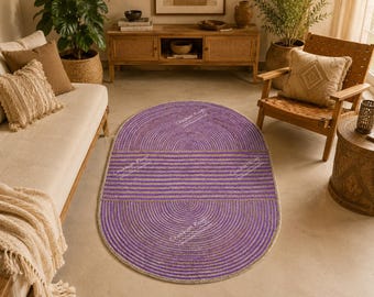 Natural Jute Braided Oval Rug with Purple Stripes Handmade Rug Large Rug Eco Friendly Home Decor Rugs Decorative Rug Vintage Area Rug