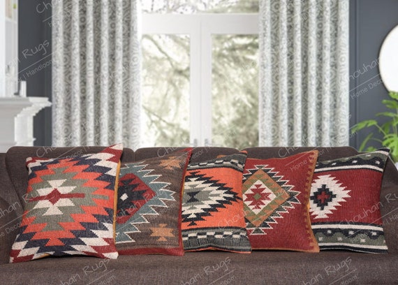 5 Set of Handmade Kilim Vintage Pillows Throw Indian Jute Cushions Cover S5-13 