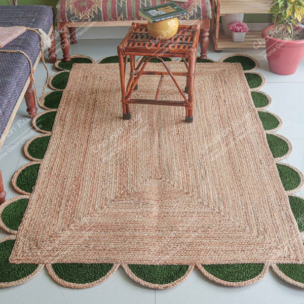 Alfombra de yute natural trenzada a mano con alfombra de yute festoneada de vieira verde y roja Alfombra de área de yute Alfombra hecha a mano Alfombra de tamaño personalizado Alfombra decorativa