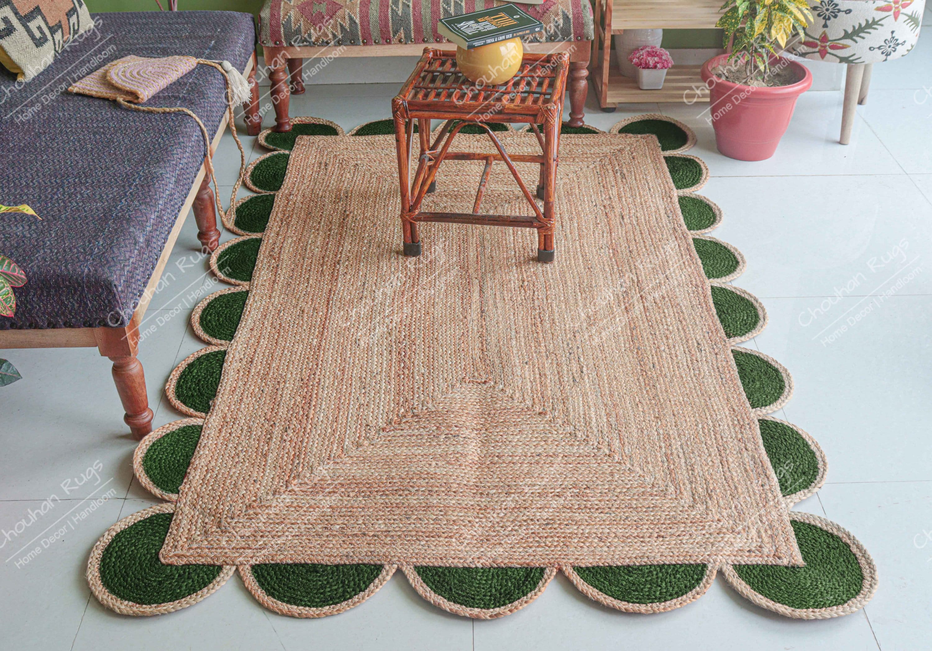 Hand Braided Natural Jute Rug with Green and Red Scallop Scalloped Jute Rug Jute Area Rug Handmade Runner Custom Size Rug Decorative Rug
