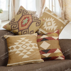 4 set yute Vintage Kilim almohada, decoración del hogar, almohada turca tejida a mano, almohada marroquí, almohada de tiro decorativa, cubierta de cojín Kilim, almohada de yute Set 9