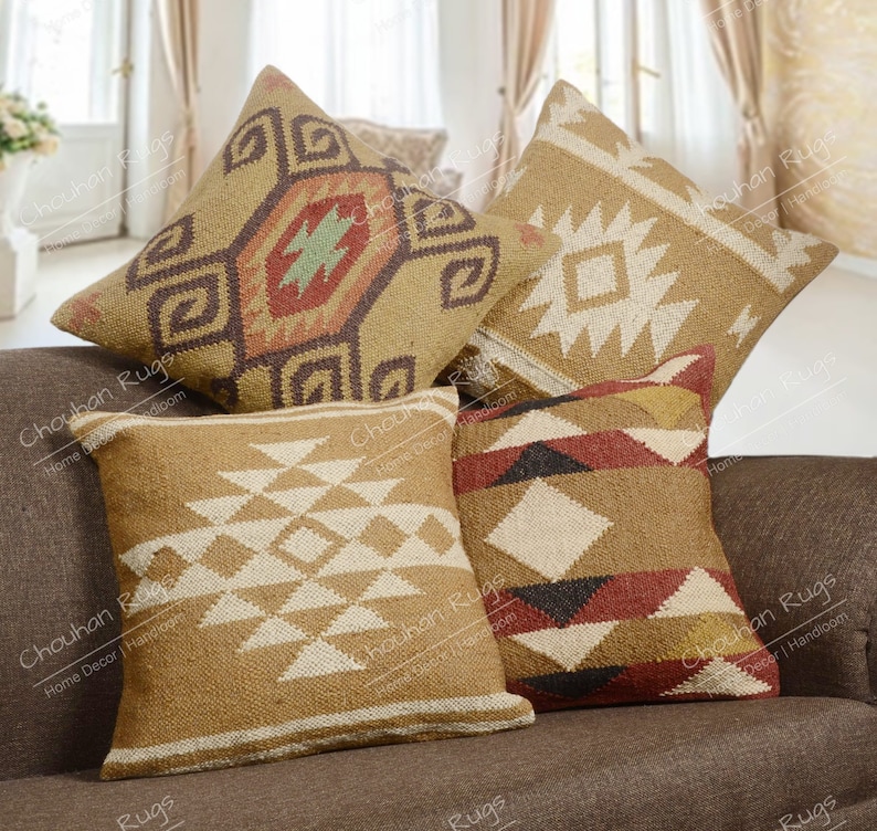 4 Set jute Vintage Kilim Pillow,Home Decor,Handwoven Turkish Pillow,Moroccan Pillow,Decorative Throw Pillow, Kilim Cushion Cover,Jute Pillow Set 9
