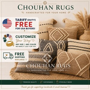 May include: A collection of rectangular and square throw pillows in beige, tan, and dark gray, featuring textured woven patterns, diamond motifs, and horizontal stripes. The image includes the text CHOUHAN RUGS HANDCRAFTED FOR YOUR HOME.
