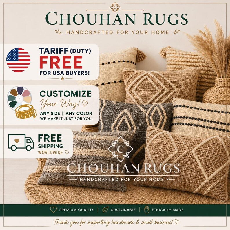 May include: A collection of rectangular and square throw pillows in beige, tan, and dark gray, featuring textured woven patterns, diamond motifs, and horizontal stripes. The image includes the text CHOUHAN RUGS HANDCRAFTED FOR YOUR HOME.