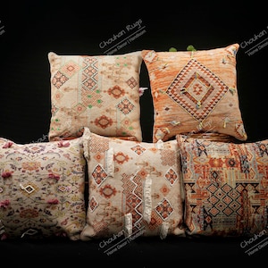 Set of 5 Indian Handmade 45x45cm Cotton Embroidered Printed cushion covers Hand Woven Rustic Vintage Kilim Decorative Throw Pillow Covers