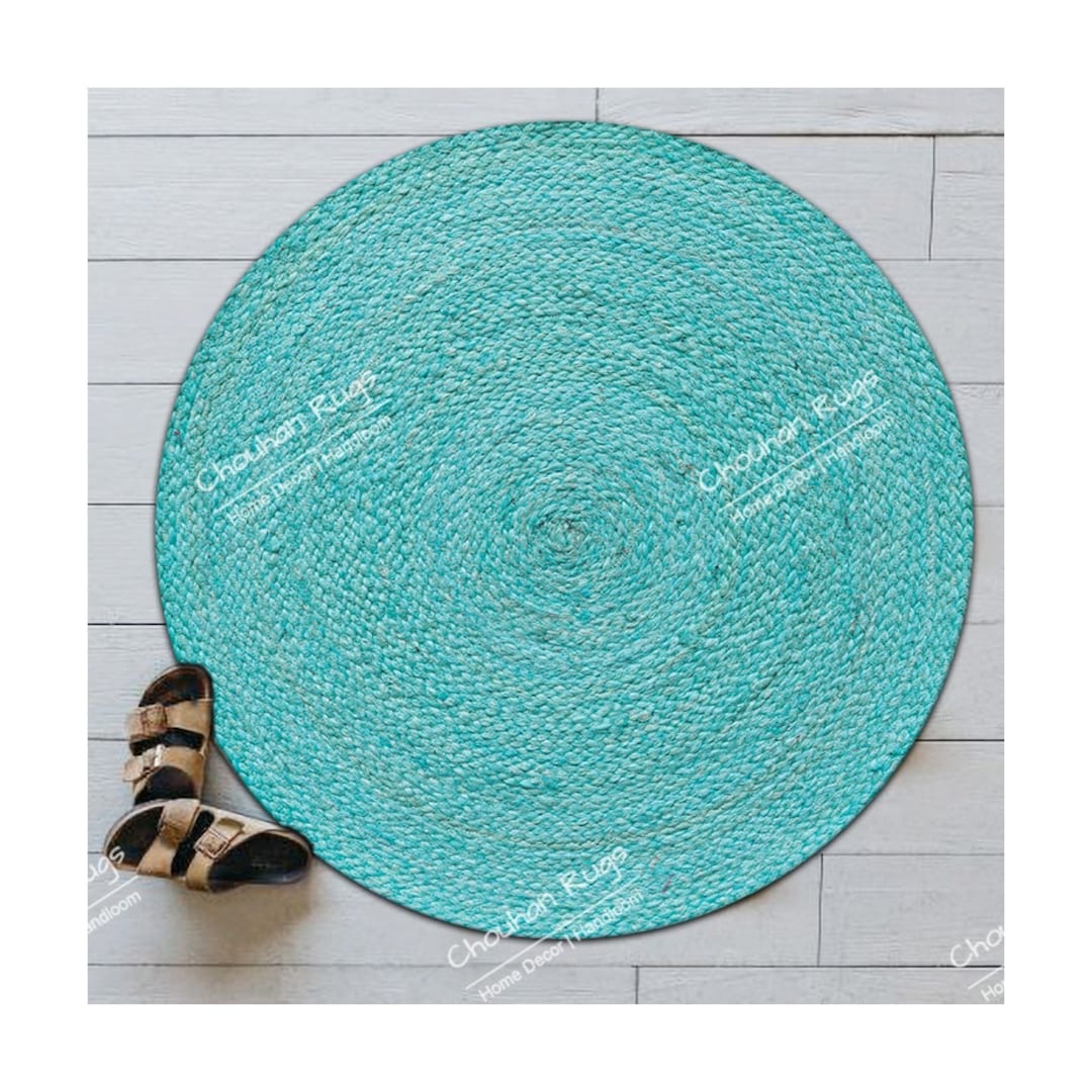 Indian Handmade Turquoise or Orange Color Round Jute Rug, Bedside Round Rug Circle Rug Boho Home