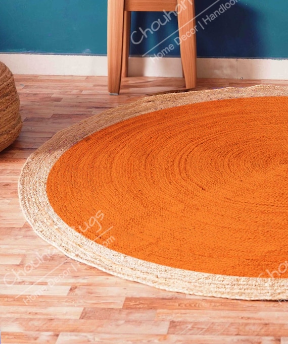 Indian Handmade Orange Jute Braided Round Rug With Beige Border Area Round Rug Custom Size Round Rug Christmas Gift Home Decor Moroccan Rug Etsy