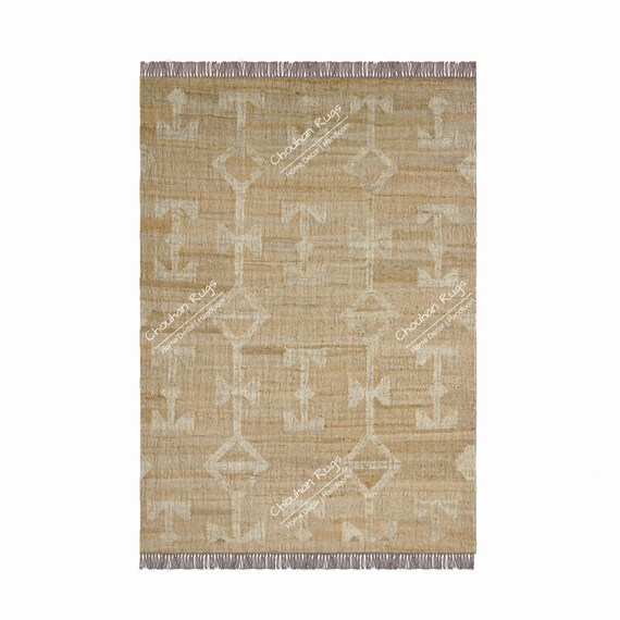 Handwoven Kilim Area Rug: Beige Wool & Jute, Large Vintage Style