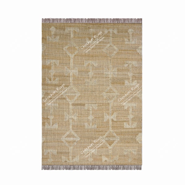 Art de village indien tissé à la main beige avec design blanc cassé laine jute kilim tapis décoration traditionnelle indienne vintage grand tapis tapis fait main