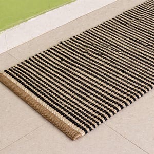 Handloomed Hemp Runner Rug: Black & Off-White Bohemian Hemp Jute Runner for Living Room Decor, Custom Stair Decor Runner