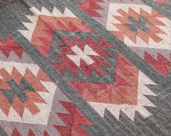 Handgjord KELIM-löpare; Löpare i ulljute; Kilim Dhurrie; Traditionell stil; Geometrisk form, Viktoriansk, Hipster, Hippie; FRI FRAKT