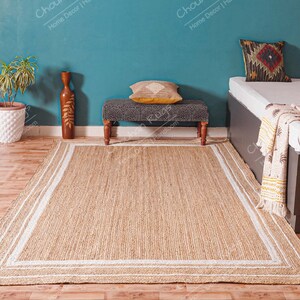 Custom Size Hand Braided Natural Jute Rectangle/Runner Rug with Triple Line White Border, Bohemian Rug, Turkish Rug, Home Decor, Entrywayrug