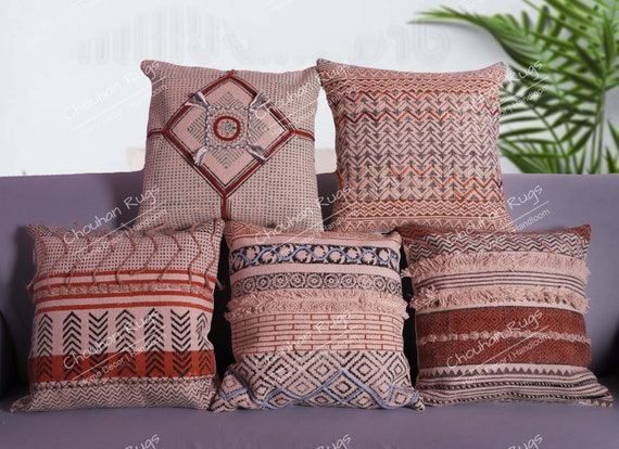 手織りトルコ綿枕カバーセット、ヴィンテージ刺繍（18 x 18インチ