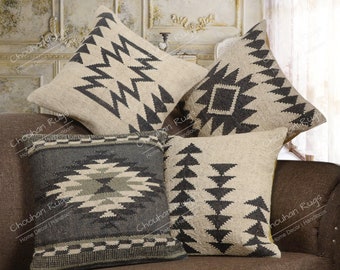 Almohada de yute, indio tejido a mano 4 juego de fundas de almohada de yute de 45x45 cm, fundas de almohada Kilim, fundas de cojín de sofá decorativo, regalos de Navidad