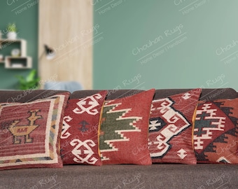 vintage 45 x 45 cm, lot de 5 housses de coussin, lot de coussins décoratifs, breloque rustique, cadeaux des fêtes, décoration d'intérieur bohème, taie d'oreiller kilim