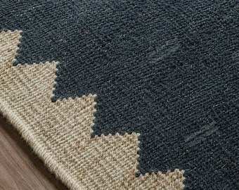 Alfombra de yute negra tejida a mano con borde de diseño blanco roto, alfombra/pasillo de yute de tejido plano para la decoración del hogar y la sala de estar, tamaño personalizado.