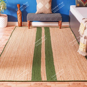 Hand Braided Natural Jute Rug with Green Stripes, Jute Area Rug, Living Room Decor, Large Rug