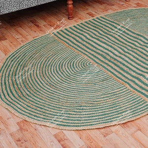 Indian Handmade Natural Jute Braided Oval Rug with Teal and Yellow Stripes Yoga Mat Bohemian Doormat Turkish Rug Living Room Rug Vintage Rug