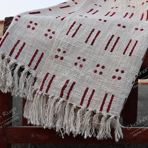 Handmade Rust Throw Authentic African Style Decor for Home Hand Loom Blanket Boho Block Print Bed Throw Linen with Tassels