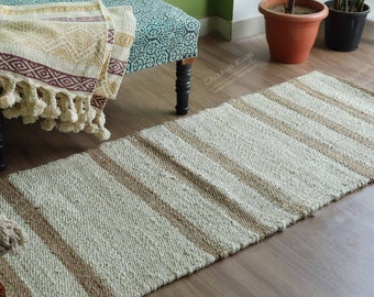 Alfombra de yute de cáñamo tejida a mano: alfombra de pasillo a rayas beige, alfombra grande de yute para sala de estar, alfombra estilo granja boho,
