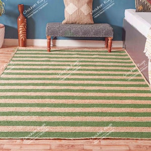 Natural Jute Handmade Boho Area Rug With Dark Green Stripes  Large Area Rug Eco Friendly Rug Turkish Custom Size Rug Decor Rug Custom Rug