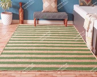Handgemaakt boho-tapijt van natuurlijke jute met donkergroene strepen groot vloerkleed Milieuvriendelijk vloerkleed Turks aangepast formaat vloerkleed decor vloerkleed op maat
