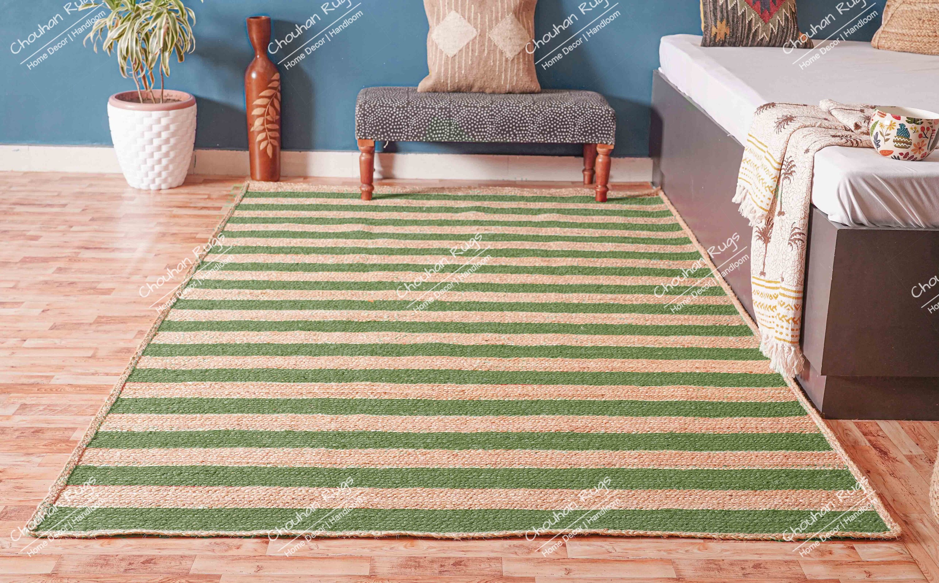 Natural Jute Handmade Boho Area Rug With Dark Green Stripes