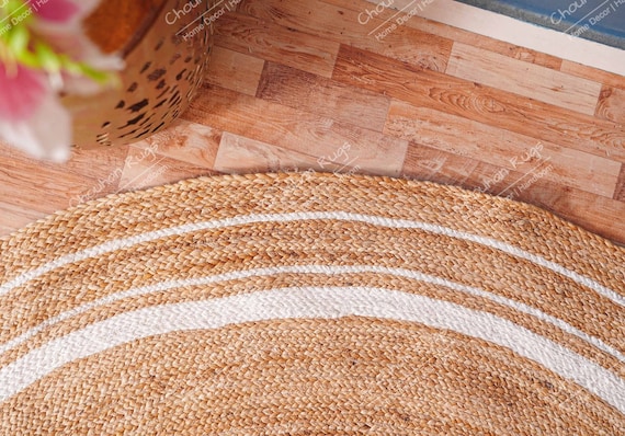 Tapis rond avec pompons, moquette carpette en jute tressé coloris naturel - Diamètre 120 x Hauteur 1 cm -PEGANE