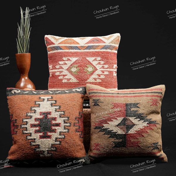 3 Set of Indian Hand Woven Multicolor Wool Jute Bohemian Decorative Throw Pillow Covers Handmade Vintage Kilim 45x45 cm Couch Cushion Covers