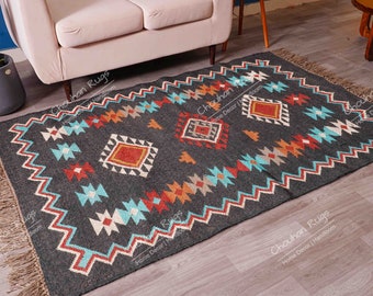 Wool Jute Traditional Kilim Rug, Indian Rug, Vintage Rug, Oushak Rug, Vintage Kilim Rugs, Kilim Rug Indian Handwoven Kilim Wool Jute Rug