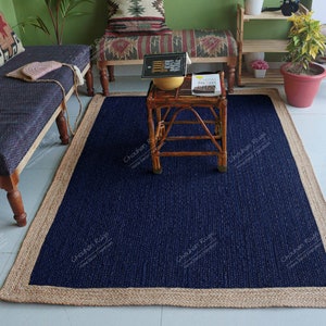 Hand Braided Navy Blue Jute Area Rug with Natural Border, Handmade Rug, Yoga Mat, Boho Decor, Living Room Rug, Vintage Rug, Jute Carpet