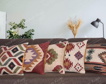 Set of 5 Handwoven Kilim Pillow Covers, Bohemian Wool Jute Cushion, Vintage Sofa Decor Throw Cushion Covers
